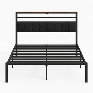 English Elm 54"x80" Full Platform Bed Matte Black Metal Frame Upholstered Headboard Charging Station B082P529494