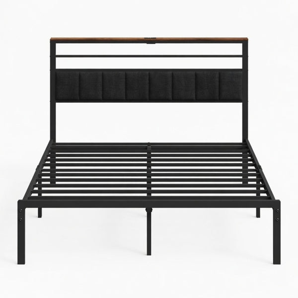 English Elm 54"x80" Full Platform Bed Matte Black Metal Frame Upholstered Headboard Charging Station B082P529494
