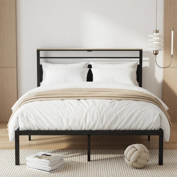 English Elm 54"x80" Full Platform Bed Matte Black Metal Frame Upholstered Headboard Charging Station B082P529494