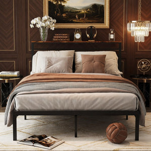 English Elm 54"x80" Full Platform Bed Matte Black Metal Frame Upholstered Headboard Charging Station B082P529494