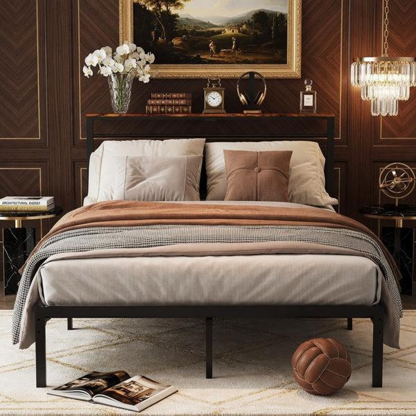 English Elm 54"x80" Full Platform Bed Matte Black Metal Frame Upholstered Headboard Charging Station B082P529494
