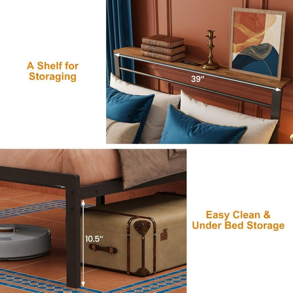 English Elm 54"x80" Full Platform Bed Matte Black Metal Frame Upholstered Headboard Charging Station B082P529494