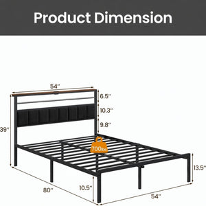 English Elm 54"x80" Full Platform Bed Matte Black Metal Frame Upholstered Headboard Charging Station B082P529494