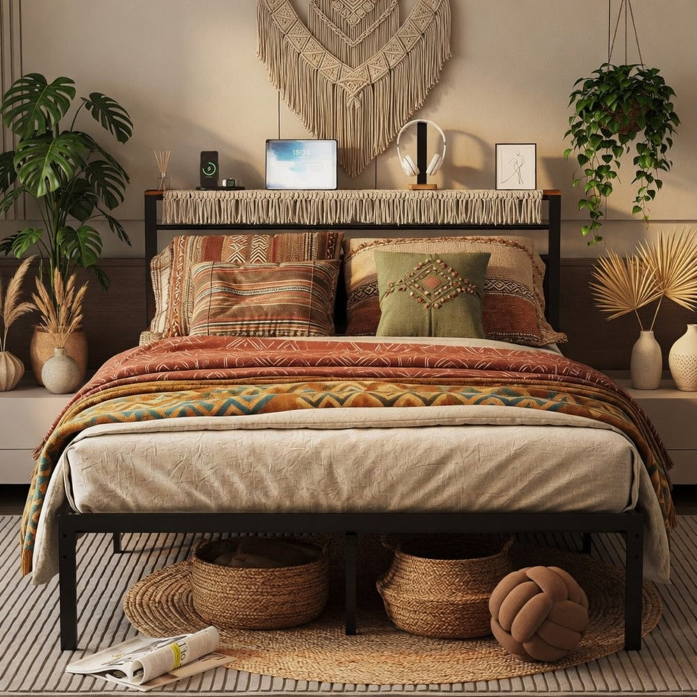 English Elm 60.4X 84.7\ Queen Platform Bed Metal Frame USB Charging Headboard Shelves Storage B082P529495