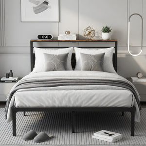 English Elm 60.4X 84.7\ Queen Platform Bed Metal Frame USB Charging Headboard Shelves Storage B082P529495