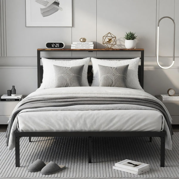 English Elm 60.4X 84.7\ Queen Platform Bed Metal Frame USB Charging Headboard Shelves Storage B082P529495