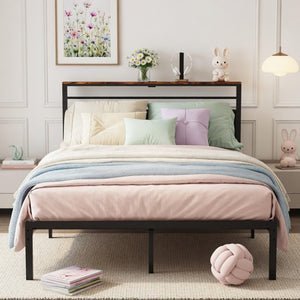 English Elm 60.4X 84.7\ Queen Platform Bed Metal Frame USB Charging Headboard Shelves Storage B082P529495