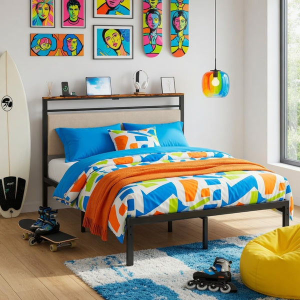 English Elm 60.4X 84.7\ Queen Platform Bed Metal Frame USB Charging Headboard Shelves Storage B082P529495