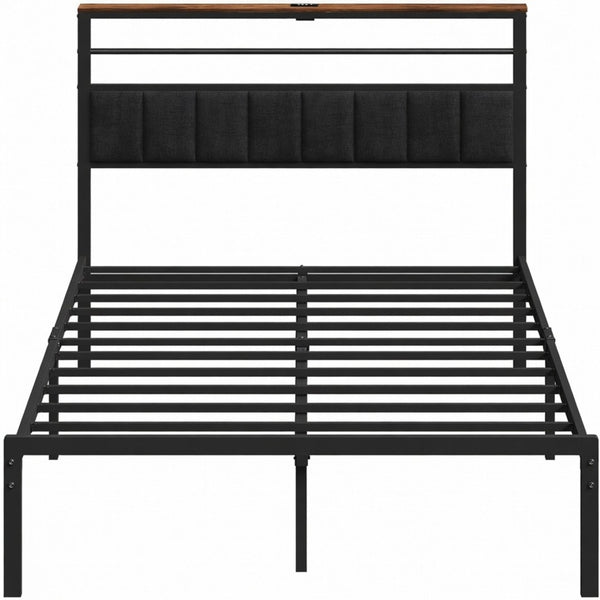 English Elm 60.4X 84.7\ Queen Platform Bed Metal Frame USB Charging Headboard Shelves Storage B082P529495