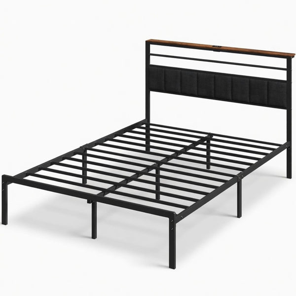English Elm 60.4X 84.7\ Queen Platform Bed Metal Frame USB Charging Headboard Shelves Storage B082P529495
