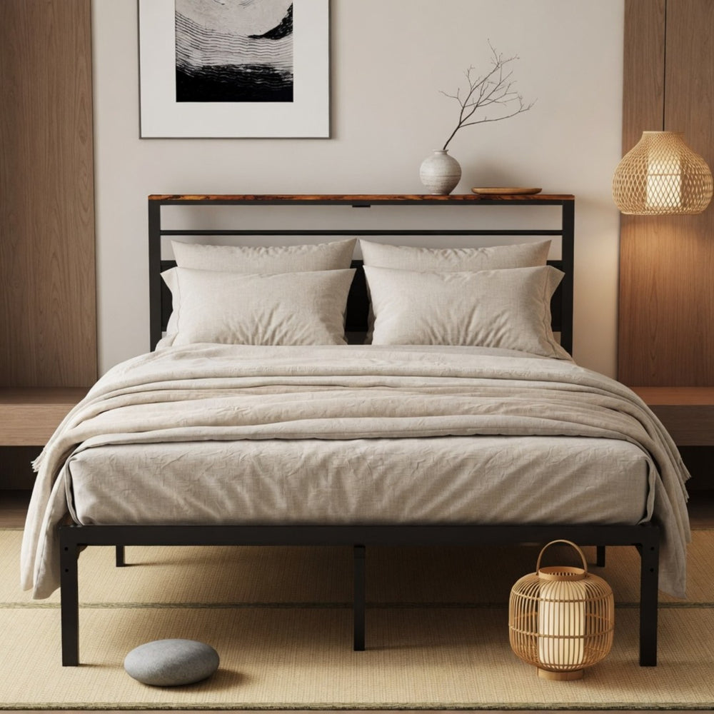 English Elm 60.4X 84.7\ Queen Platform Bed Metal Frame USB Charging Headboard Shelves Storage B082P529495