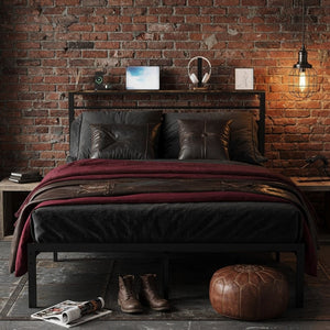 English Elm 60.4X 84.7\ Queen Platform Bed Metal Frame USB Charging Headboard Shelves Storage B082P529495