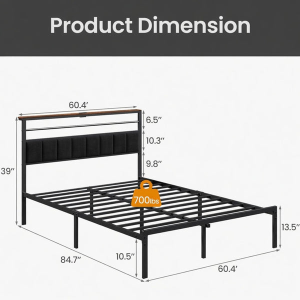 English Elm 60.4X 84.7\ Queen Platform Bed Metal Frame USB Charging Headboard Shelves Storage B082P529495