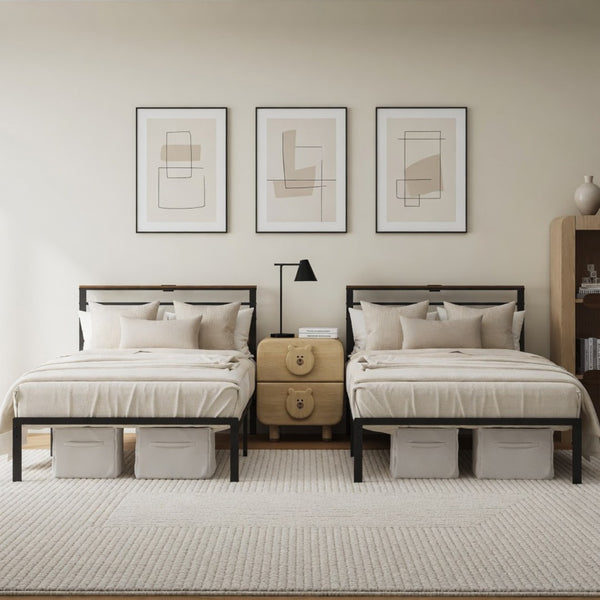 English Elm 39"x80" Twin Platform Bed Industrial Steel Frame Wooden Headboard with Charging Station B082P529496