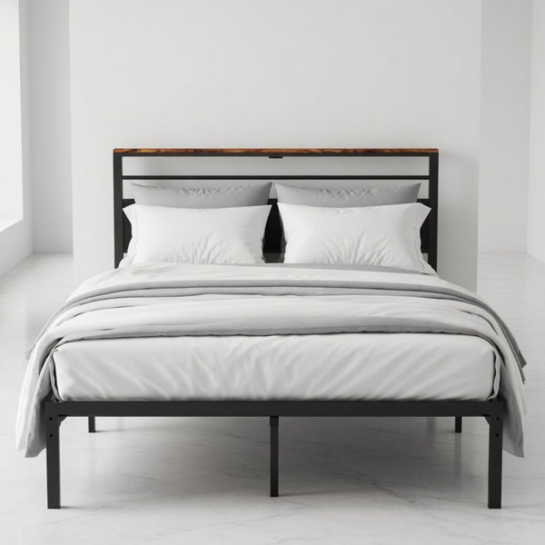 English Elm 39"x80" Twin Platform Bed Industrial Steel Frame Wooden Headboard with Charging Station B082P529496