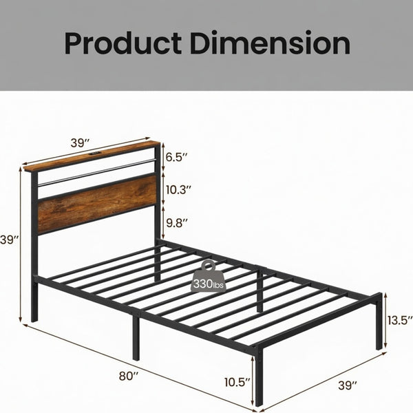 English Elm 39"x80" Twin Platform Bed Industrial Steel Frame Wooden Headboard with Charging Station B082P529496