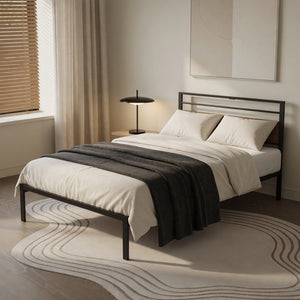 English Elm 39"x80" Twin Platform Bed Industrial Steel Frame Wooden Headboard with Charging Station B082P529496