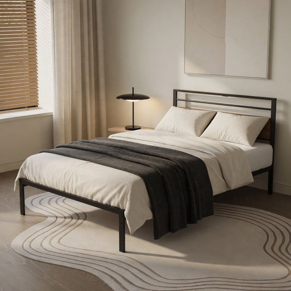 English Elm 39"x80" Twin Platform Bed Industrial Steel Frame Wooden Headboard with Charging Station B082P529496