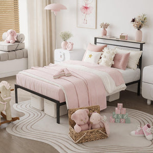 English Elm 39"x80" Twin Platform Bed Industrial Steel Frame Wooden Headboard with Charging Station B082P529496