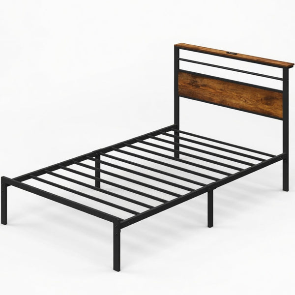English Elm 39"x80" Twin Platform Bed Industrial Steel Frame Wooden Headboard with Charging Station B082P529496