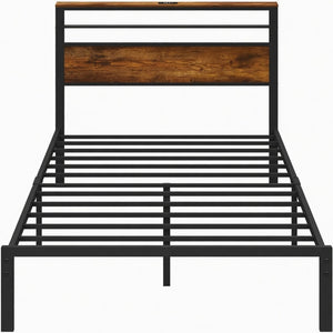 English Elm 39"x80" Twin Platform Bed Industrial Steel Frame Wooden Headboard with Charging Station B082P529496