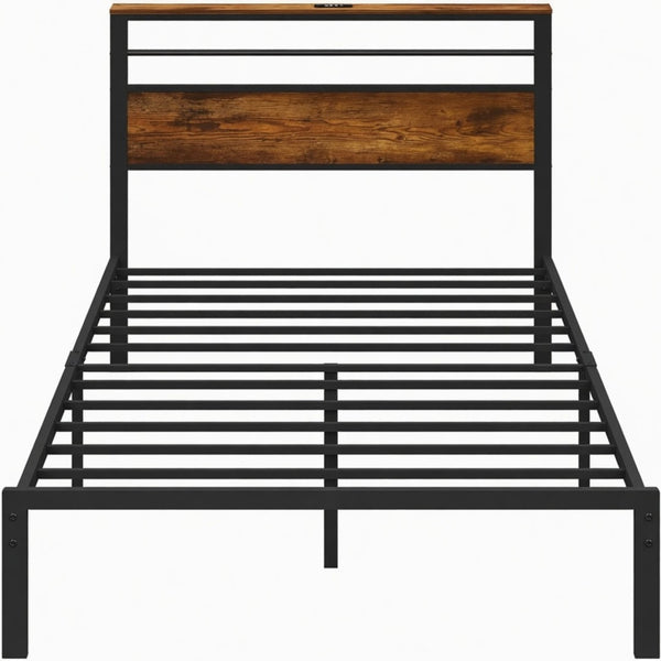English Elm 39"x80" Twin Platform Bed Industrial Steel Frame Wooden Headboard with Charging Station B082P529496