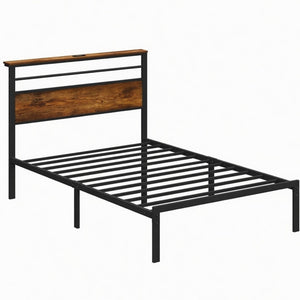 English Elm 39"x80" Twin Platform Bed Industrial Steel Frame Wooden Headboard with Charging Station B082P529496