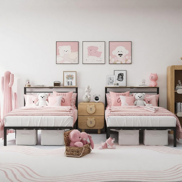 English Elm 39"x80" Twin Platform Bed Industrial Steel Frame Wooden Headboard with Charging Station B082P529496