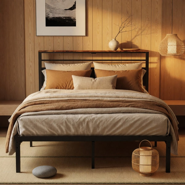 English Elm 39"x80" Twin Platform Bed Industrial Steel Frame Wooden Headboard with Charging Station B082P529496