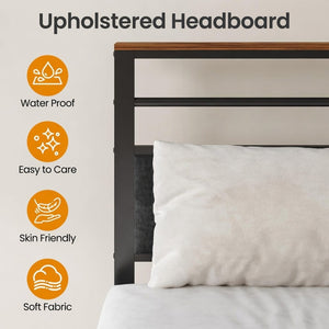 English Elm 39"x80" Twin Platform Bed Industrial Steel Frame Wooden Headboard with Charging Station B082P529496