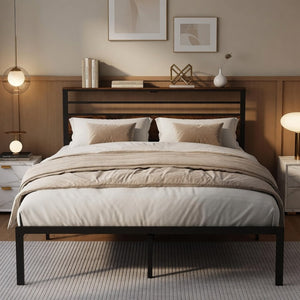 English Elm 54"x80" Full Platform Bed Metal Frame Wood Headboard Shelves and Built-in Charging Hub B082P529497