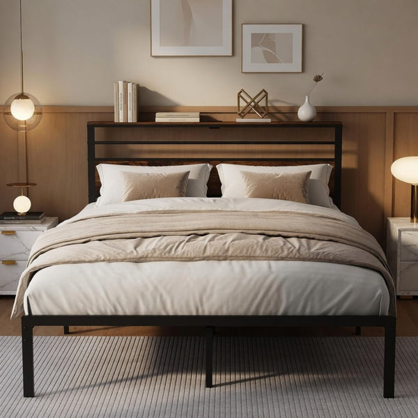 English Elm 54"x80" Full Platform Bed Metal Frame Wood Headboard Shelves and Built-in Charging Hub B082P529497