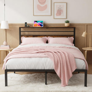 English Elm 54"x80" Full Platform Bed Metal Frame Wood Headboard Shelves and Built-in Charging Hub B082P529497