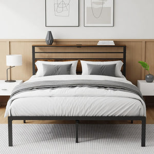 English Elm 54"x80" Full Platform Bed Metal Frame Wood Headboard Shelves and Built-in Charging Hub B082P529497