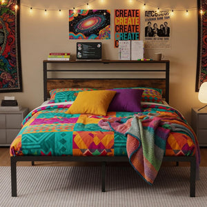 English Elm 54"x80" Full Platform Bed Metal Frame Wood Headboard Shelves and Built-in Charging Hub B082P529497