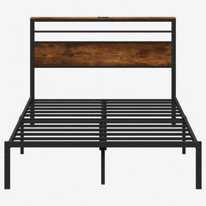 English Elm 54"x80" Full Platform Bed Metal Frame Wood Headboard Shelves and Built-in Charging Hub B082P529497