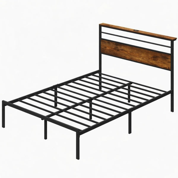 English Elm 54"x80" Full Platform Bed Metal Frame Wood Headboard Shelves and Built-in Charging Hub B082P529497
