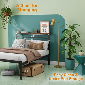 English Elm 54"x80" Full Platform Bed Metal Frame Wood Headboard Shelves and Built-in Charging Hub B082P529497