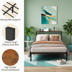 English Elm 54"x80" Full Platform Bed Metal Frame Wood Headboard Shelves and Built-in Charging Hub B082P529497