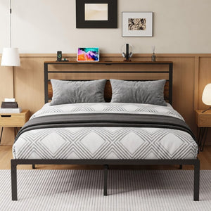 English Elm 54"x80" Full Platform Bed Metal Frame Wood Headboard Shelves and Built-in Charging Hub B082P529497