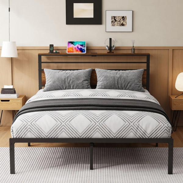 English Elm 54"x80" Full Platform Bed Metal Frame Wood Headboard Shelves and Built-in Charging Hub B082P529497