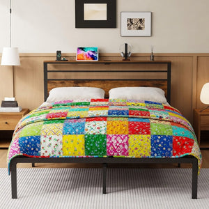 English Elm 54"x80" Full Platform Bed Metal Frame Wood Headboard Shelves and Built-in Charging Hub B082P529497