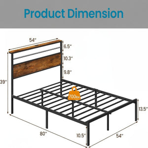 English Elm 54"x80" Full Platform Bed Metal Frame Wood Headboard Shelves and Built-in Charging Hub B082P529497