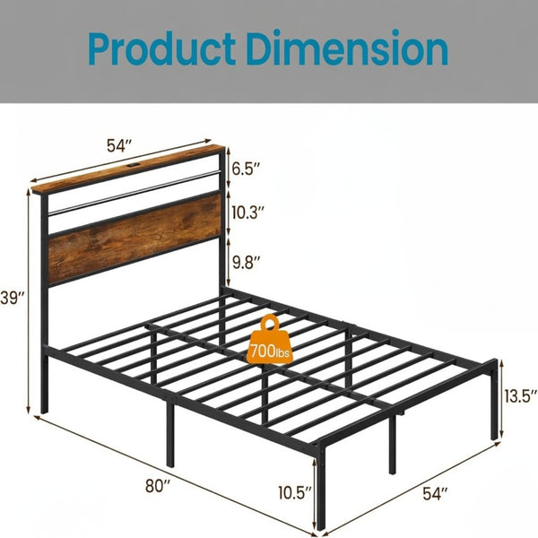 English Elm 54"x80" Full Platform Bed Metal Frame Wood Headboard Shelves and Built-in Charging Hub B082P529497
