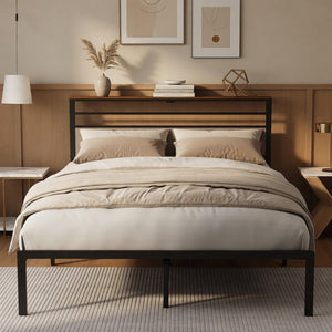 English Elm 60.4X 84.7\ Queen Platform Bed Metal Frame Wooden Headboard with Charging Station Shelves B082P529498