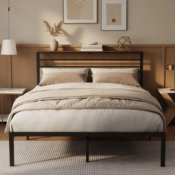 English Elm 60.4X 84.7\ Queen Platform Bed Metal Frame Wooden Headboard with Charging Station Shelves B082P529498