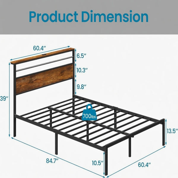 English Elm 60.4X 84.7\ Queen Platform Bed Metal Frame Wooden Headboard with Charging Station Shelves B082P529498