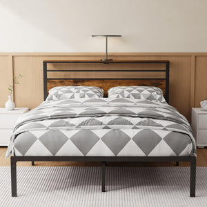 English Elm 60.4X 84.7\ Queen Platform Bed Metal Frame Wooden Headboard with Charging Station Shelves B082P529498