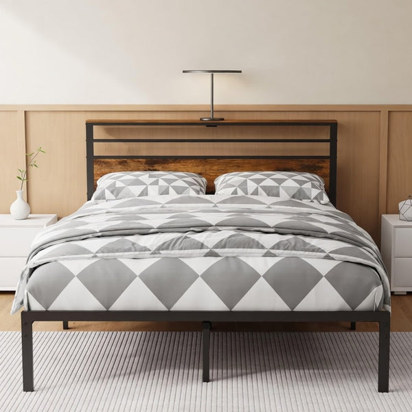 English Elm 60.4X 84.7\ Queen Platform Bed Metal Frame Wooden Headboard with Charging Station Shelves B082P529498