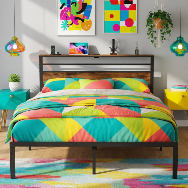 English Elm 60.4X 84.7\ Queen Platform Bed Metal Frame Wooden Headboard with Charging Station Shelves B082P529498